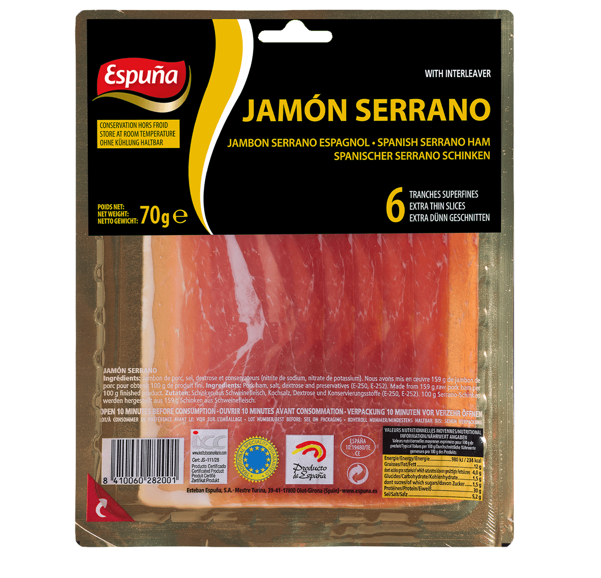 Jamón serrano finas lonchas 70g