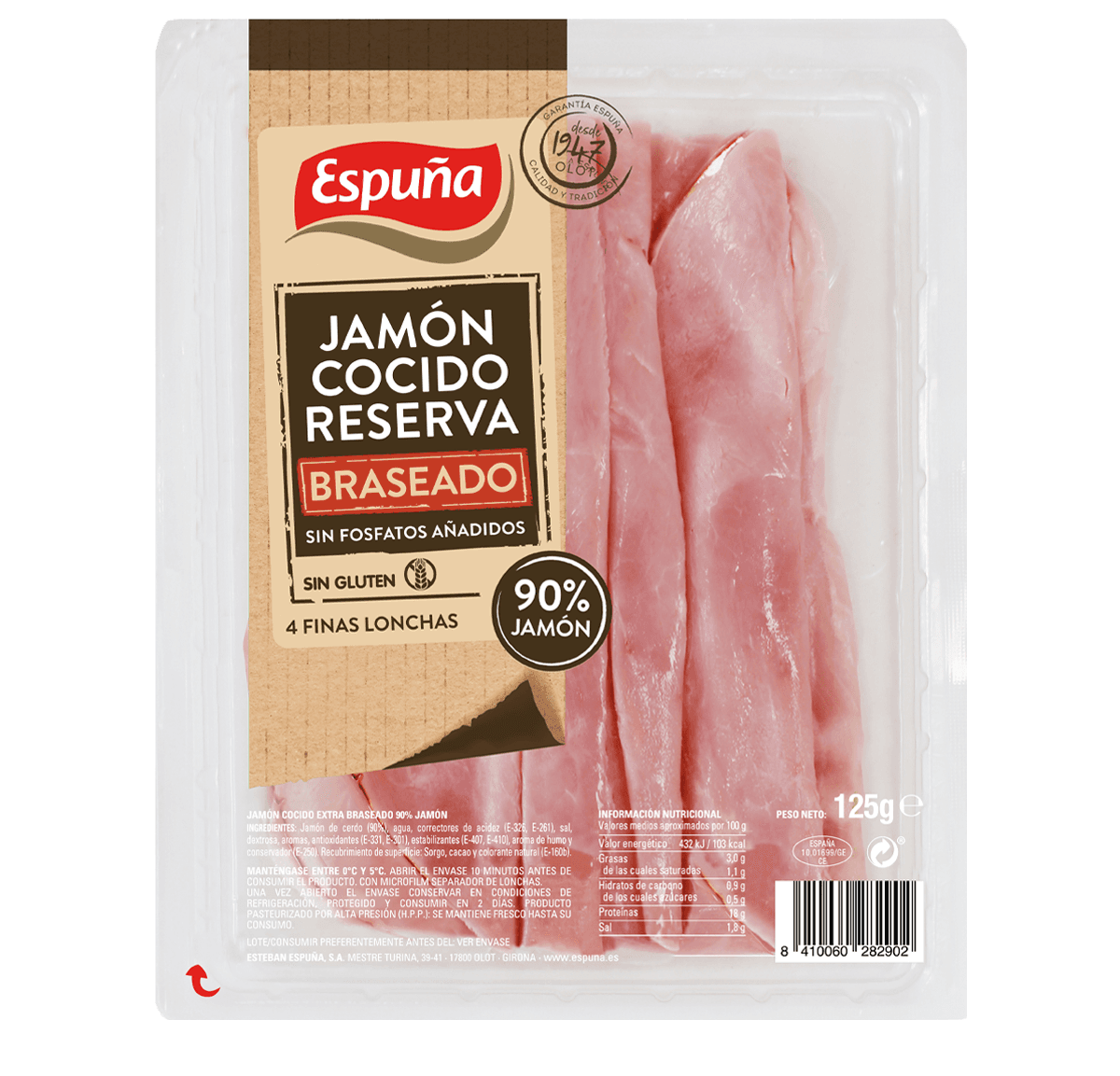 Jamón cocido braseado finas lonchas 125g - 92% jamón