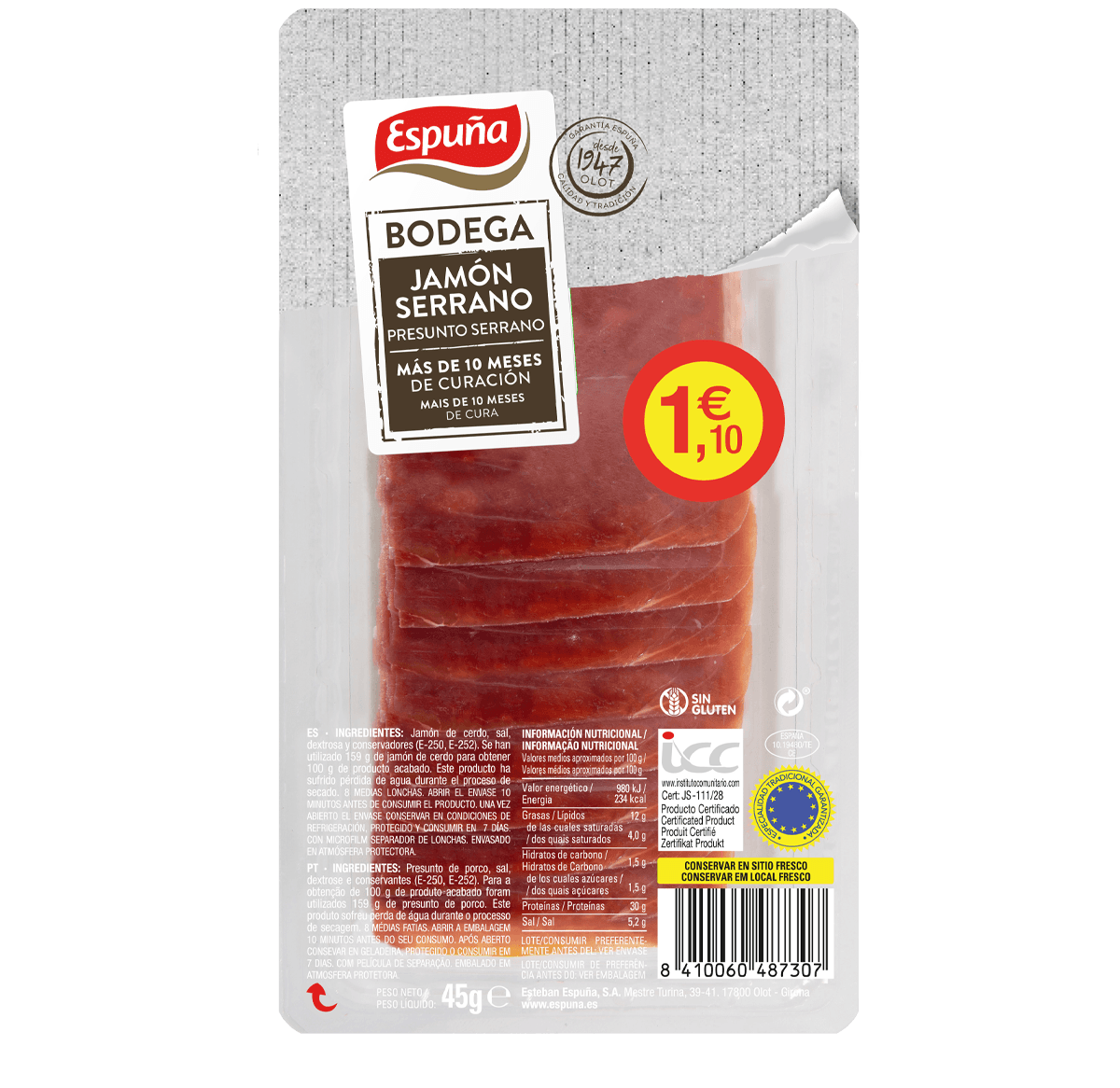 Jamón serrano 1/2 lonchas 45g - flash