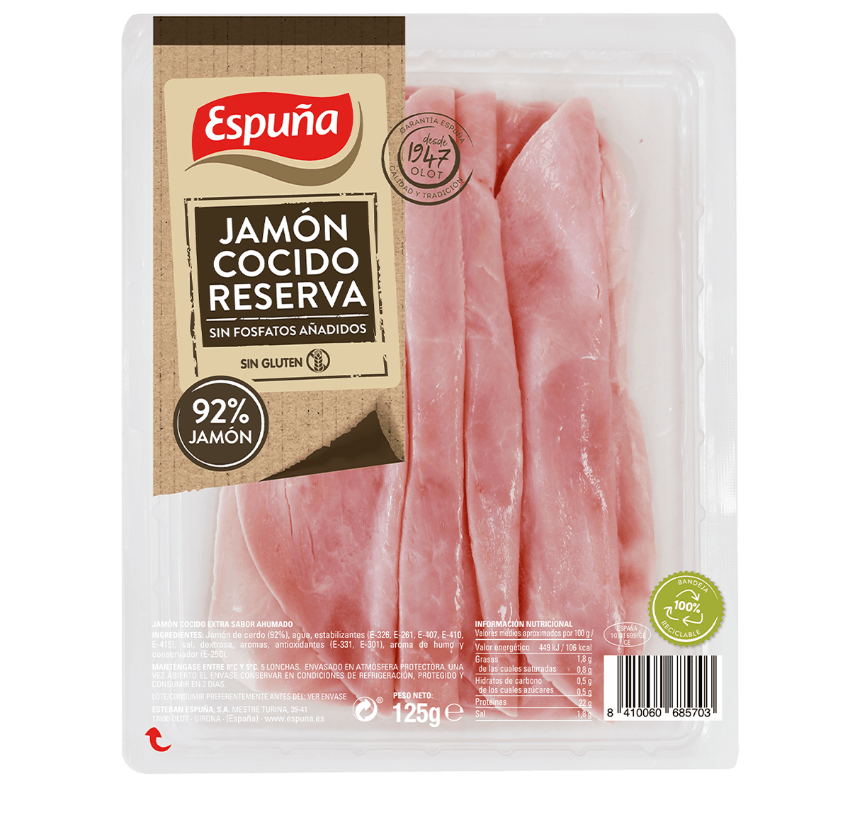 Jamón cocido reserva folding 125g - 92% jamón