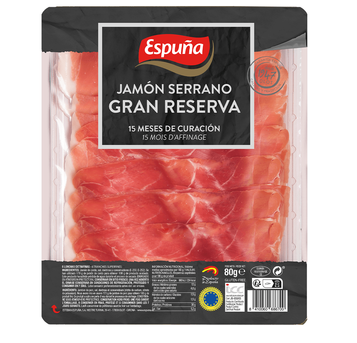 Jamón serrano gran reserva finas lonchas 80g (15 meses)